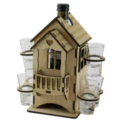 Suport din lemn Casa cu o sticla de vin 200 ml si 6 pahare
