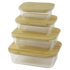 Set 4 caserole sticla cu capac din bambus 2 in 1