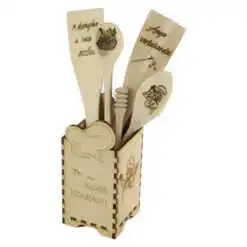 Set 5 ustensile bucatarie din lemn cu suport - 2 Spatule