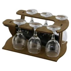 Suport lemn Minibar cu o sticla de vin si 6 pahare 32x21 CM