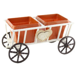 Suport flori din lemn Caruta cu 2 ghivece din plastic 43x24 CM