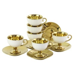 Set 6 cesti espresso cu farfurii din ceramica Auriu & Alb