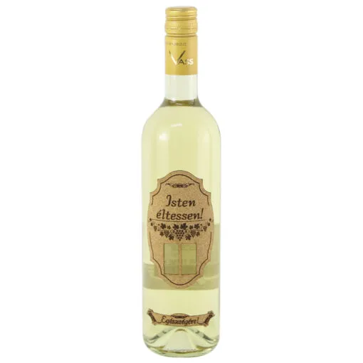 Vin alb 750 ml  "Isten eltessen! Egeszsegere!"cu eticheta din pluta si numere selectabile