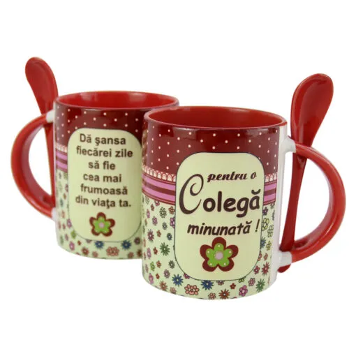 Cana ceramica cu lingurita "Pentru o Colega minunata!" 330 ml - Buline