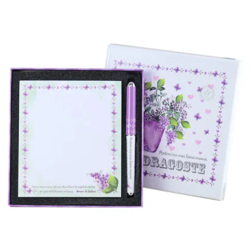 Set foi notite cu pix "Pentru cea mai buna mama" in cutie decorativa - Liliac