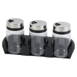 Set 3 recipiente condimente din sticla cu suport plastic 370 ml