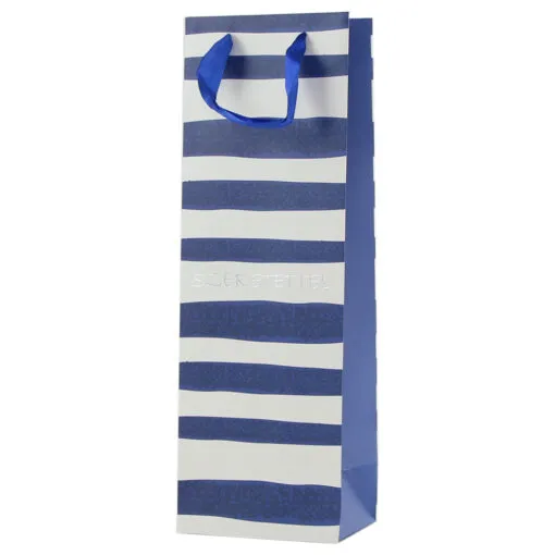 Punga cadou bauturi din hartie 12x36 CM "Szeretettel" - dungi albastre