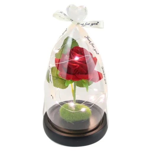 Trandafir in cupola de sticla decorat cu lumini led 11x24 CM