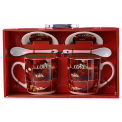 Set 2 cani cu lingurite si farfurii din ceramica 9 CM Trandafiri cu inel