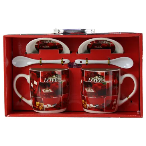 Set 2 cani cu lingurite si farfurii din ceramica 9 CM Trandafiri cu inel