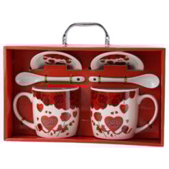 Set 2 cani cu lingurite si farfurii din ceramica 9 CM "love" cu trandafiri