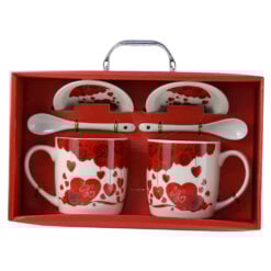 Set 2 cani cu lingurite si farfurii din ceramica 9 CM "love" cu trandafiri