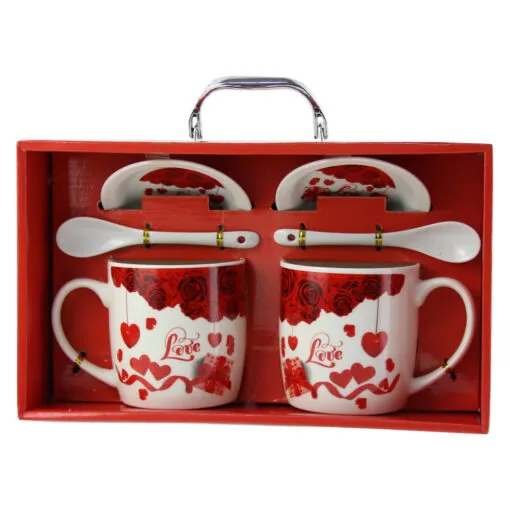 Set 2 cani cu lingurite si farfurii din ceramica 9 CM "love" cu trandafiri