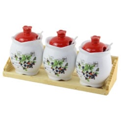 Set 3 recipiente ceramice condimente cu suport din lemn - Fructe de padure