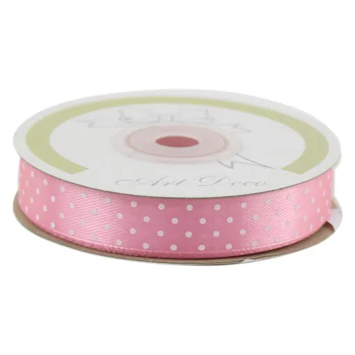 Rola panglica satin Roz cu buline 15 mm x 25 m