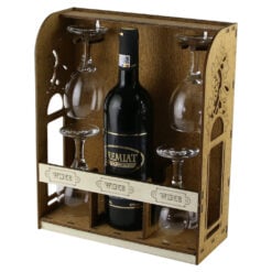 Suport lemn cu o sticla de vin 750 ml si 4 pahare