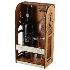 Suport lemn cu o sticla de vin 750 ml si 2 pahare