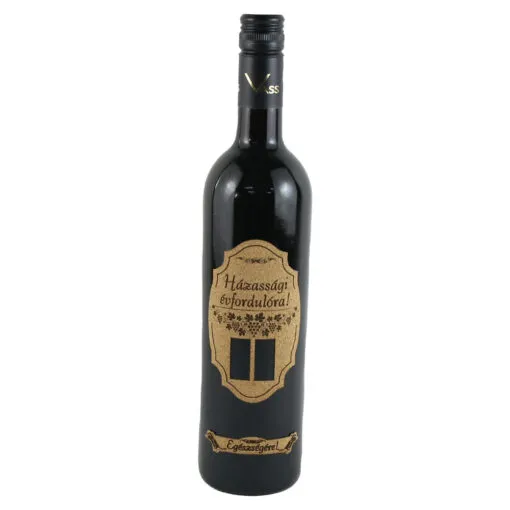 Vin rosu 0.75 L cu eticheta din pluta "Hazassagi Evfordulora!"