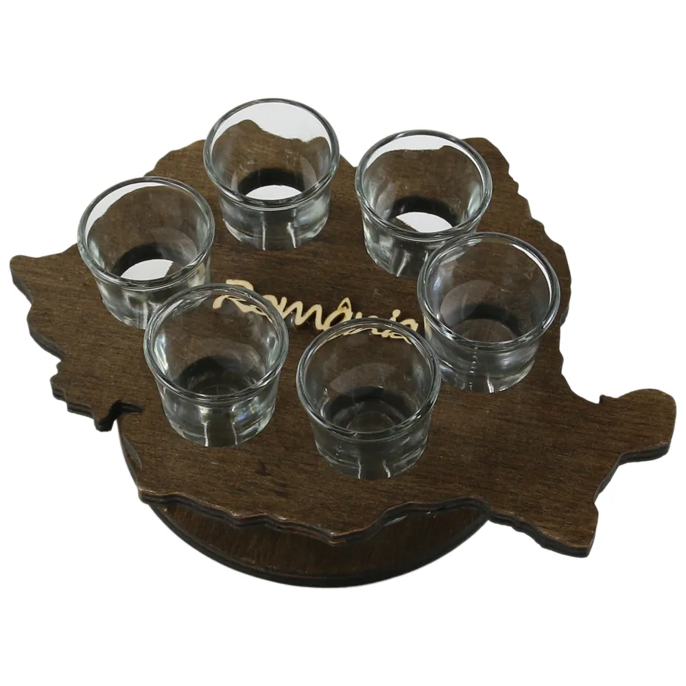 Set 6 pahare shot cu suport lemn Harta Romaniei Set 6 pahare shot cu suport lemn Harta Romaniei