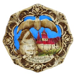Placheta din ipsosin forma rotunda reprezentand castelul Peles - Mare