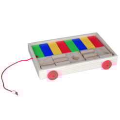 Set de cuburi mici de lemn partial colorate cu carucior