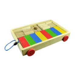 Set de cuburi mici de lemn partial colorate cu carucior