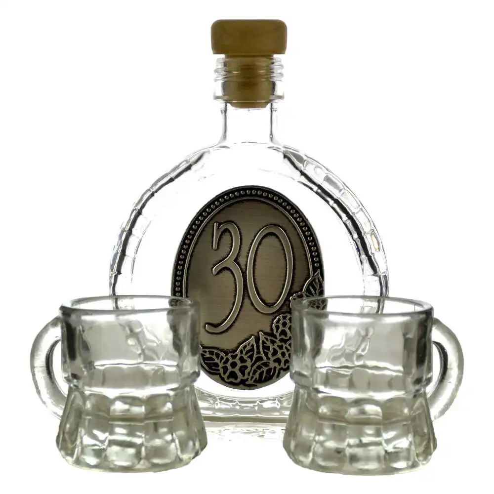 Set plosca mica si pahare de tuica cu maner din sticla. cu decor embosat - 30 Set plosca mica si pahare de tuica cu maner din sticla. cu decor embosat - 30