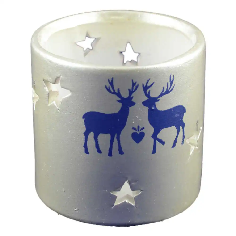 Candela rotunda realizata din ceramica - Design cu reni si stelute