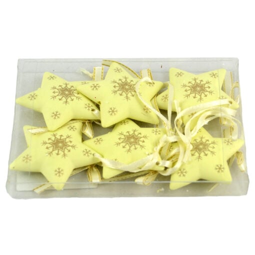 Set 6 decoratiuni pentru brad in forma de stea realizat din plastic - Design cu fulgi de nea