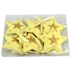 Set 6 decoratiuni pentru brad in forma de stea realizat din plastic - Design cu stelute si fulgi de nea