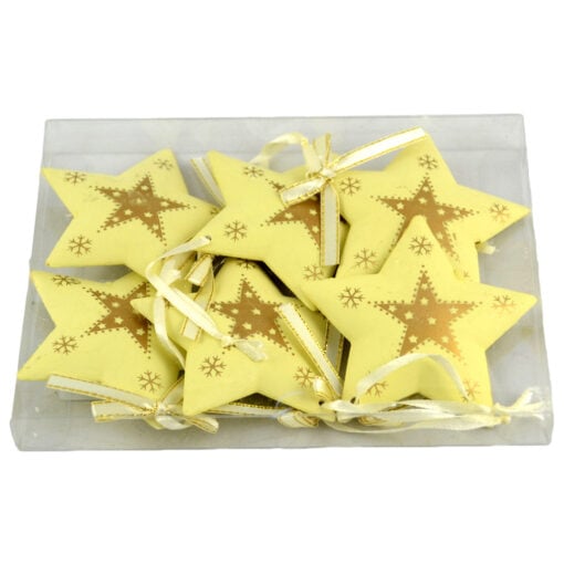 Set 6 decoratiuni pentru brad in forma de stea realizat din plastic - Design cu stelute si fulgi de nea