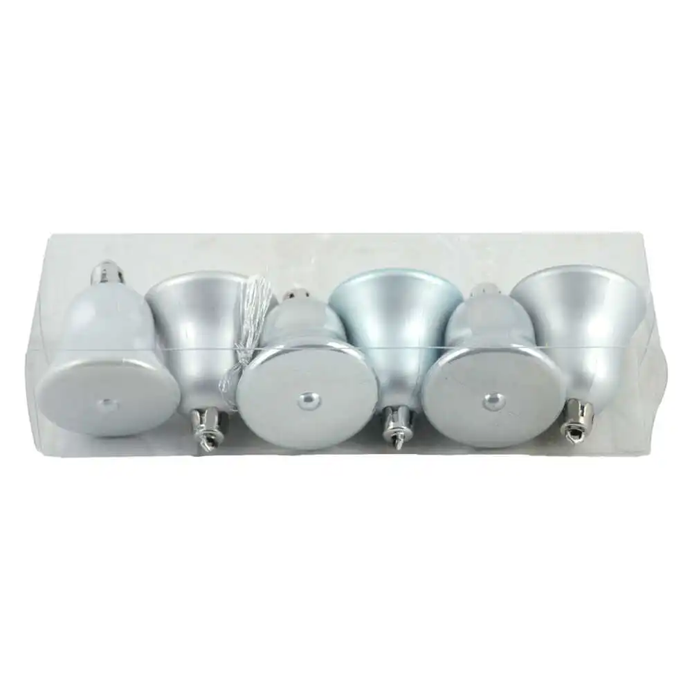 Set 6 globuri argintii pentru brad in forma de clopotel realizate din plastic Set 6 globuri argintii pentru brad in forma de clopotel realizate din plastic