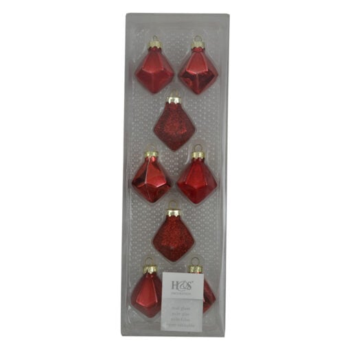 Set 8 globuri realizate din plastic in forma de romb pentru brad de craciun - Rosu