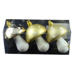 Set 3 globuri pentru brad in forma de ciuperci din plastic - Auriu