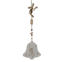 Decoratiune pentru fereastra/usa realizata din lemn si canepa in forma de clopot- Design cu om de zapada