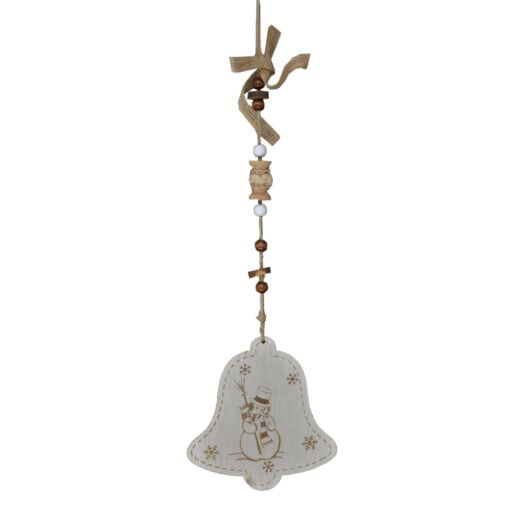 Decoratiune pentru fereastra/usa realizata din lemn si canepa in forma de clopot- Design cu om de zapada