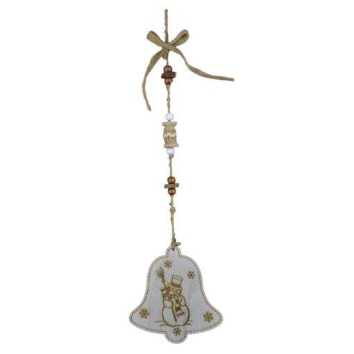 Decoratiune pentru fereastra/usa realizata din lemn si canepa in forma de clopot- Design cu om de zapada