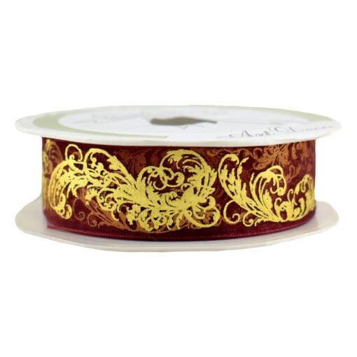 Panglica decorativa realizata din satin - Bordo cu motive aurii (25MMX10M)