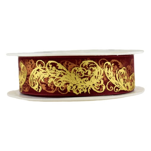 Panglica decorativa realizata din satin - Bordo cu motive aurii (25MMX10M)