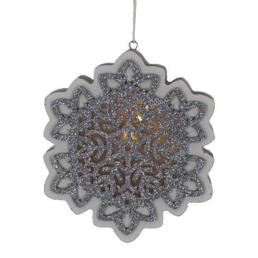 Decoratiune sezonirea cu LED realizata din lemn si material plastic - Design Fulg de nea(Cu agatatoare)