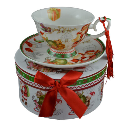 Ceasca cu farfurie de craciun din ceramica in cutie cadou - Design Mos Craciun