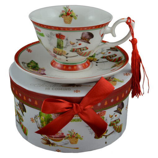 Ceasca cu farfurie de craciun din ceramica in cutie cadou - Design Om de zapada
