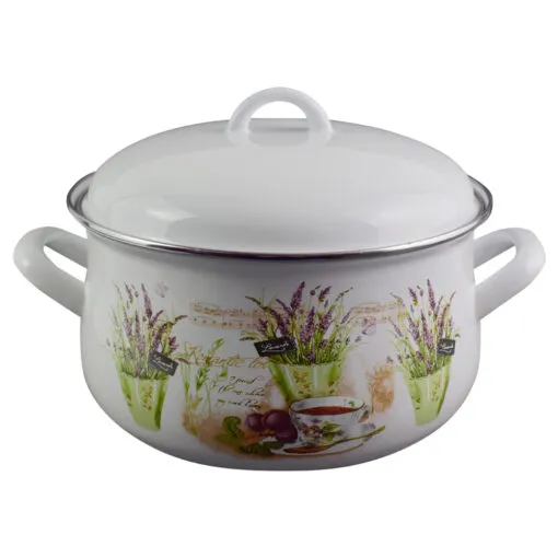 Oala emailata cu capac 4.8 L - Design Olive/Lavanda