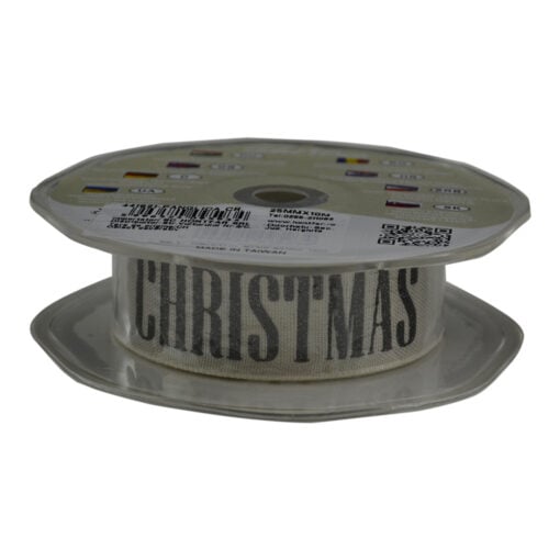 Panglica realizata din material textil - Merry Christmas - Crem (25MM X 10m)