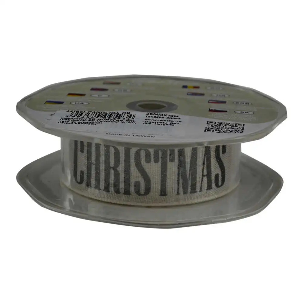 Panglica realizata din material textil - Merry Christmas - Crem (25MM X 10m)