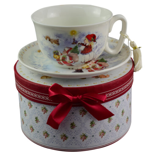 Ceasca cu farfurie de craciun din ceramica in cutie cadou