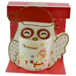 Cana de craciun realizata din ceramica in cutie - Design cu bufnite si inscriptia "Merry Christmas" - Diverse modele