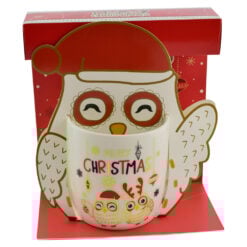 Cana de craciun realizata din ceramica in cutie - Design cu bufnite si inscriptia 