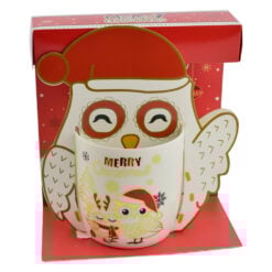 Cana de craciun realizata din ceramica in cutie - Design cu bufnite si inscriptia 