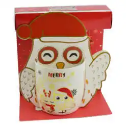 Cana de craciun realizata din ceramica in cutie - Design cu bufnite si inscriptia